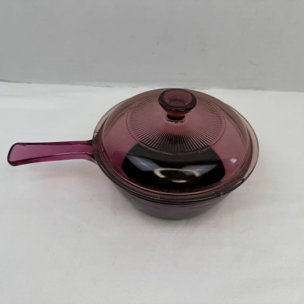 Vision Corning Cranberry Glass Skillet Saucepan with Pyrex V1C Lid Non-Stick